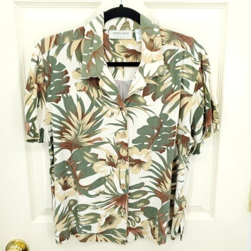 VTG Lemongrass Botanical Print Camp Shirt L Cream/Green/Brown